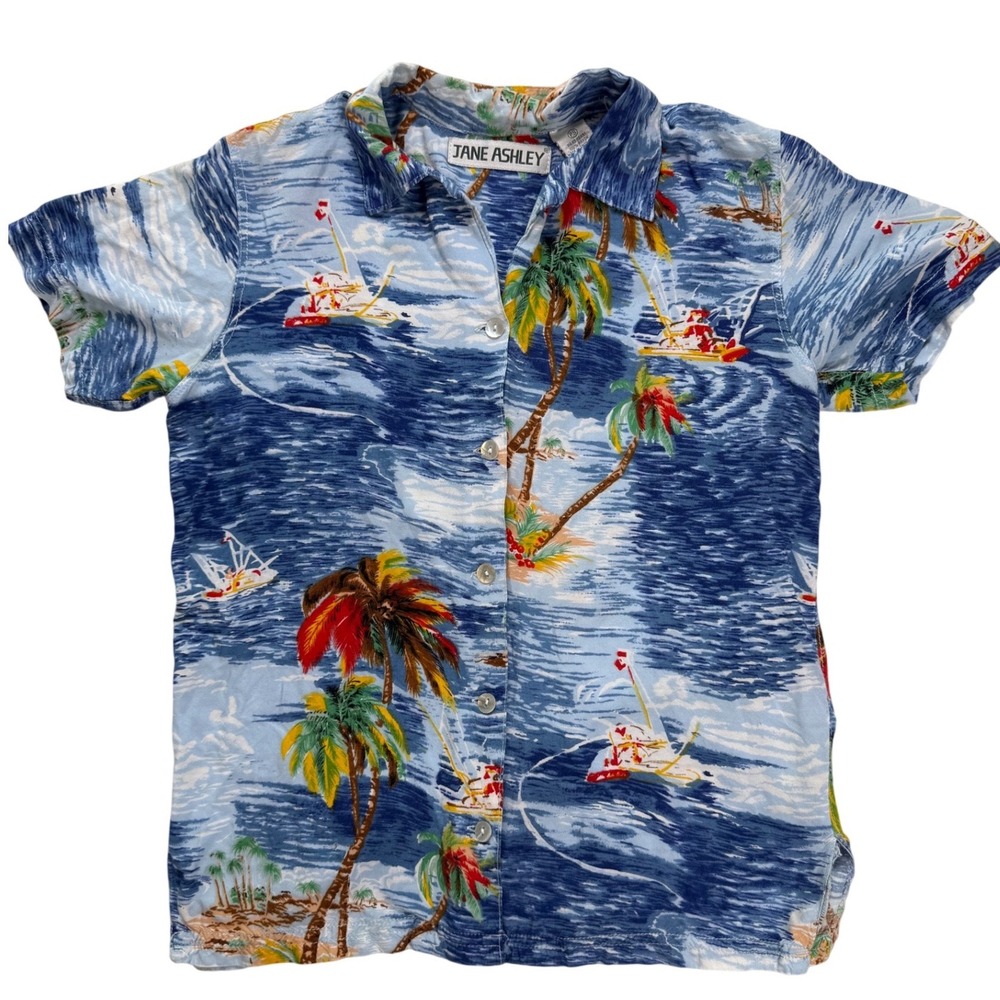 Jane Ashley Petite Small Rayon Tropical Palm Tree Sailboat Hawaiian Shirt Blue